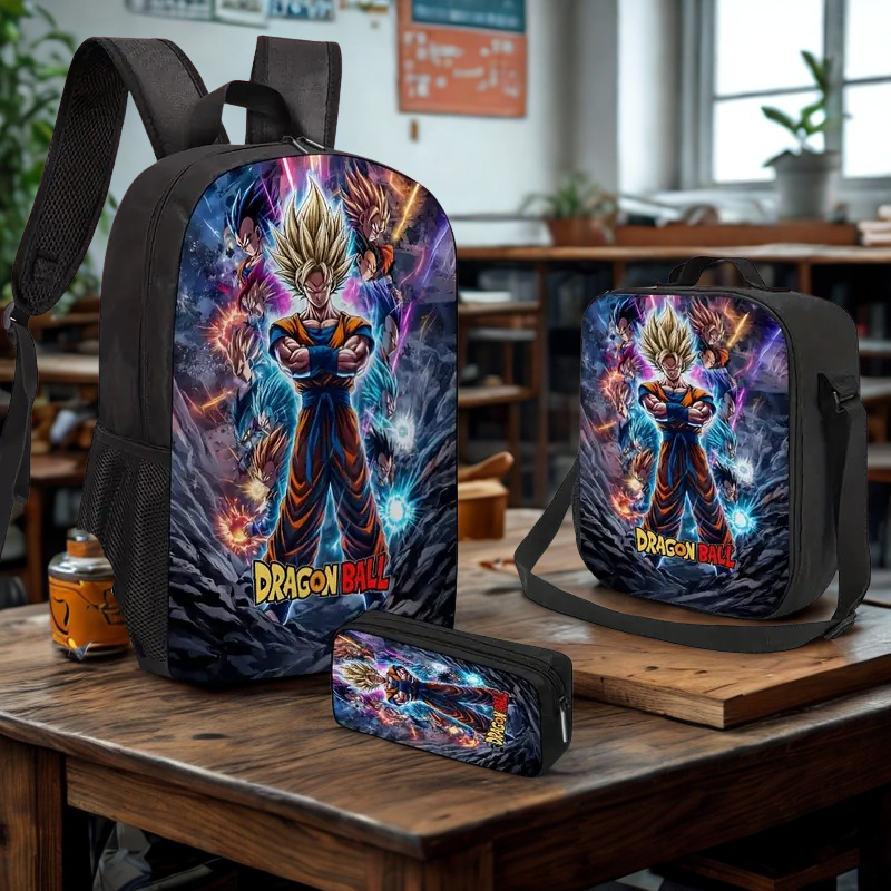 Dragon Ball Goku 3-Piece Cartoon Backpack Set — School Bag + Pencil Case + Lunch Box